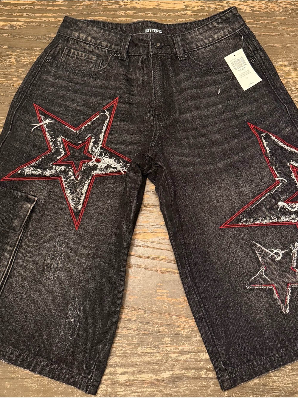 Hot Topic Black Frayed Star Denim Cargo Shorts Y2K Grunge Jorts Size 1